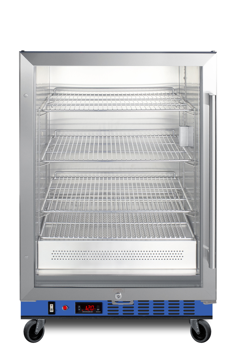Undercounter single chamber passive heating blanket warmer with glass door, stainless steel interior and exterior, digital thermostat, and lock